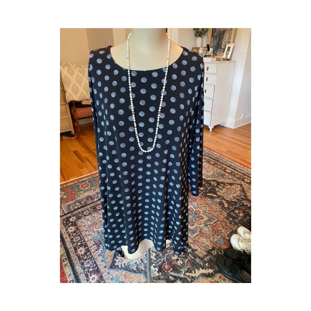 Chicos Polka Dot Sharkbite Tunic Top Black White 3/4 Sleeve‎ Womens Size 1 M